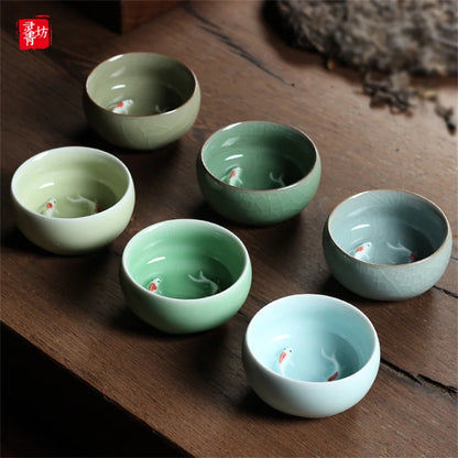 Longquan Celadon Golden Fish Porcelain Teacup 60ml by HitMyNeed