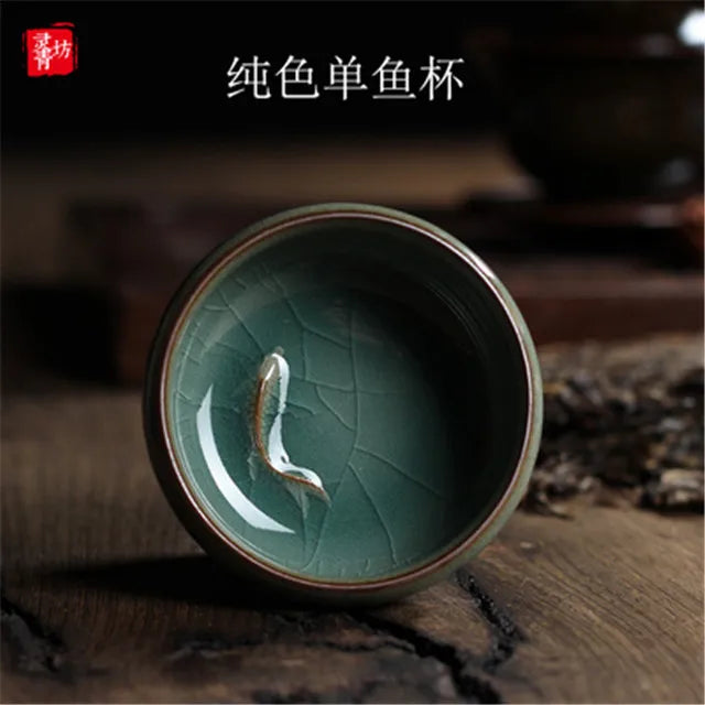 Longquan Celadon Golden Fish Porcelain Teacup 60ml b by HitMyNeed