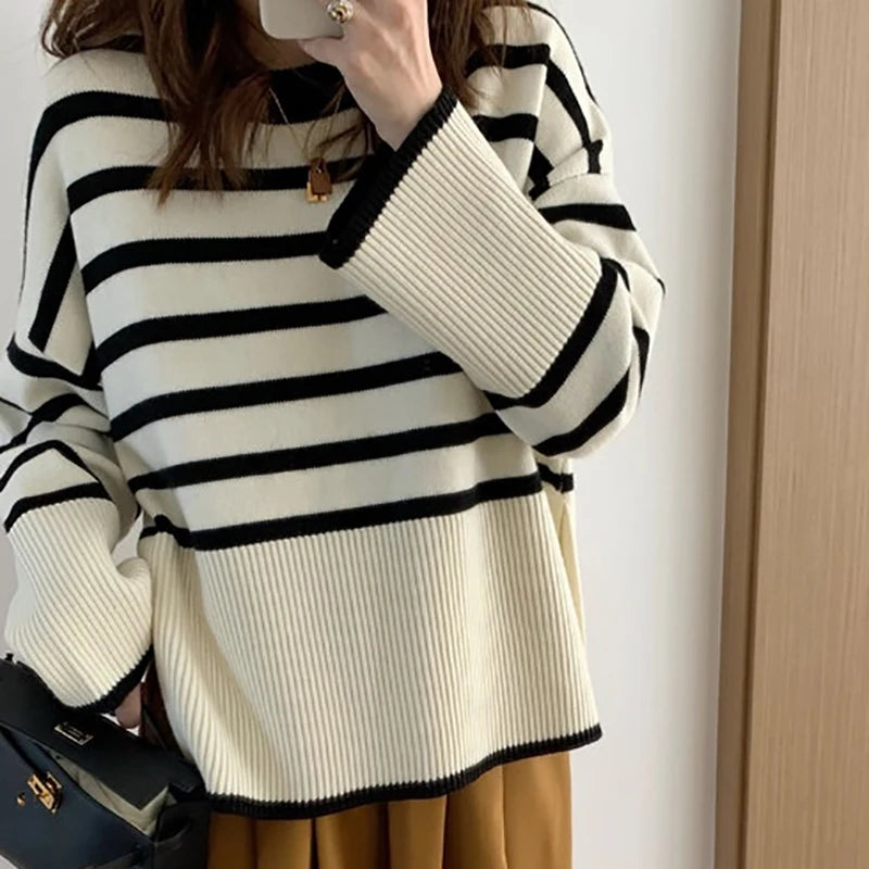 Loose Knitted Striped Women's Sweater, One Size by HitMyNeed