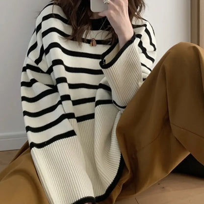 Loose Knitted Striped Women's Sweater, One Size by HitMyNeed