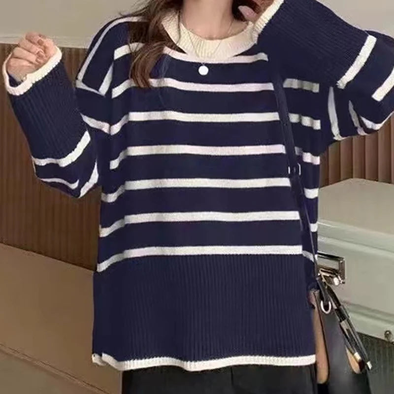 Loose Knitted Striped Women's Sweater, One Size by HitMyNeed