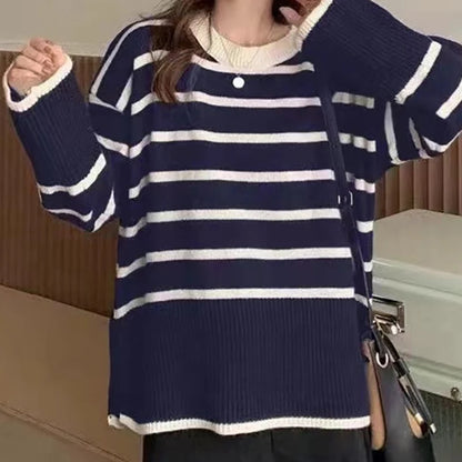 Loose Knitted Striped Women's Sweater, One Size by HitMyNeed