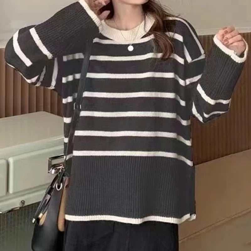Loose Knitted Striped Women's Sweater, One Size by HitMyNeed