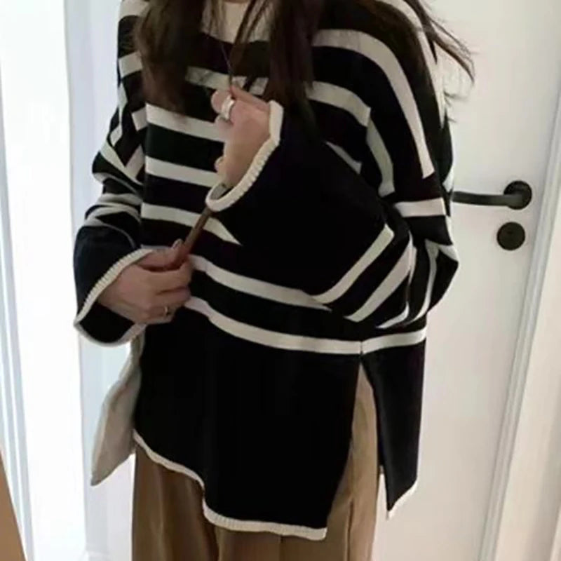 Loose Knitted Striped Women's Sweater, One Size by HitMyNeed