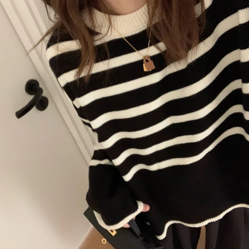 Loose Knitted Striped Women's Sweater, One Size black by HitMyNeed