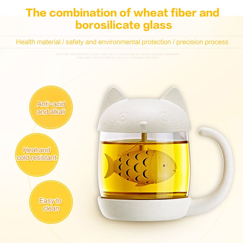 Loose Tea Infuser Cat Glass Mug with Lid by HitMyNeed