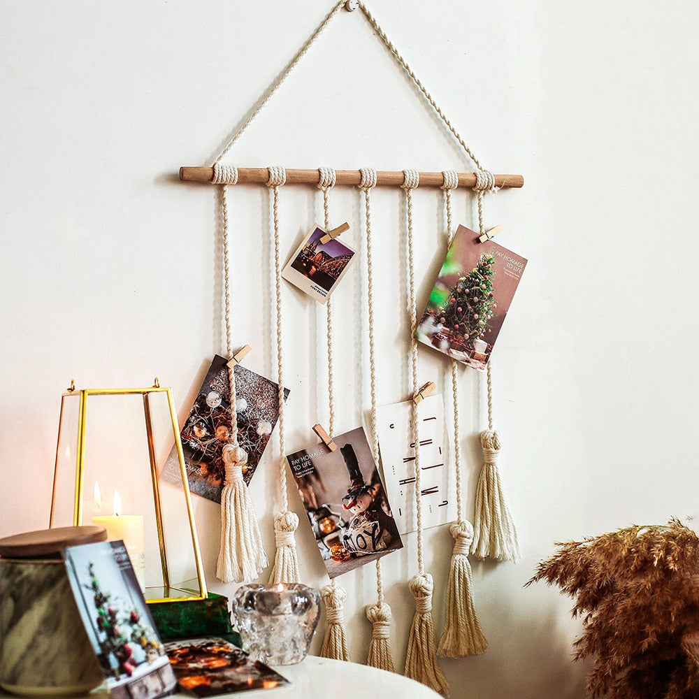 Macrame Photo Display with 20 Wooden Clips by HitMyNeed