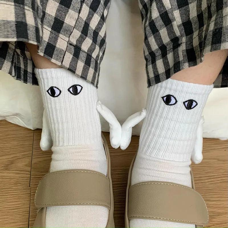 Magnetic Holding Hands Cartoon Eyes Couple Socks white by HitMyNeed