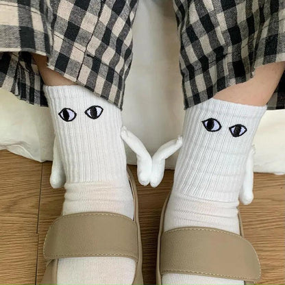 Magnetic Holding Hands Cartoon Eyes Couple Socks white by HitMyNeed
