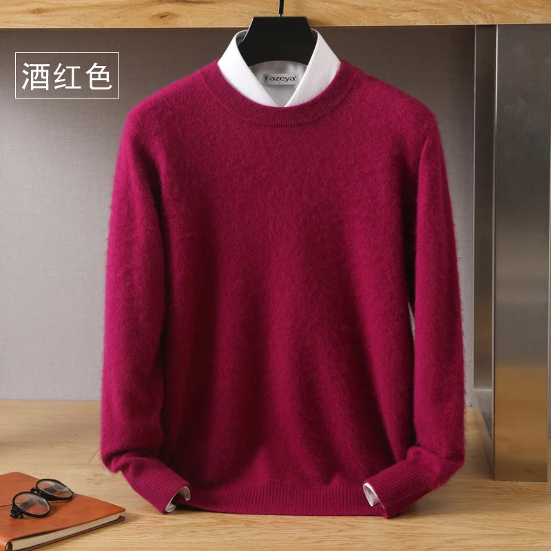Men's 100% Mink Cashmere O-Neck Knit Sweater burgundy l by HitMyNeed
