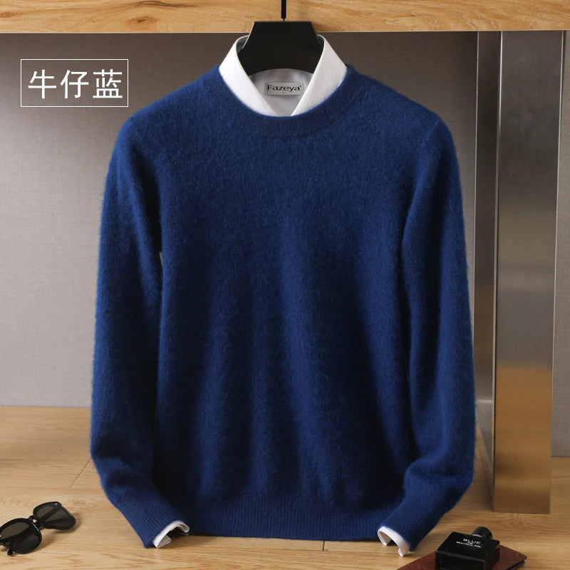Men's 100% Mink Cashmere O-Neck Knit Sweater denim-blue l by HitMyNeed