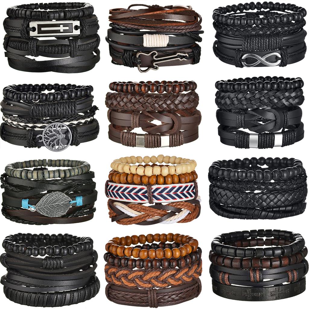 Men's 4-Piece Braided Leather & Beaded Bracelet Set by HitMyNeed