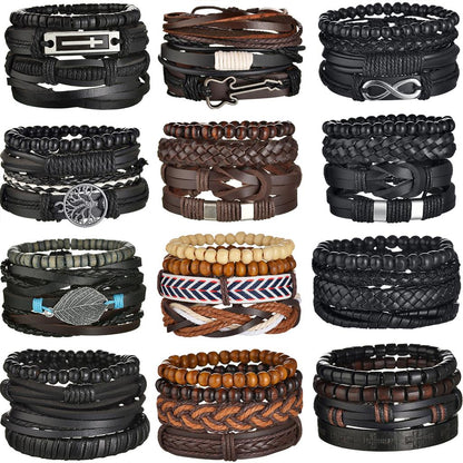 Men's 4-Piece Braided Leather & Beaded Bracelet Set by HitMyNeed