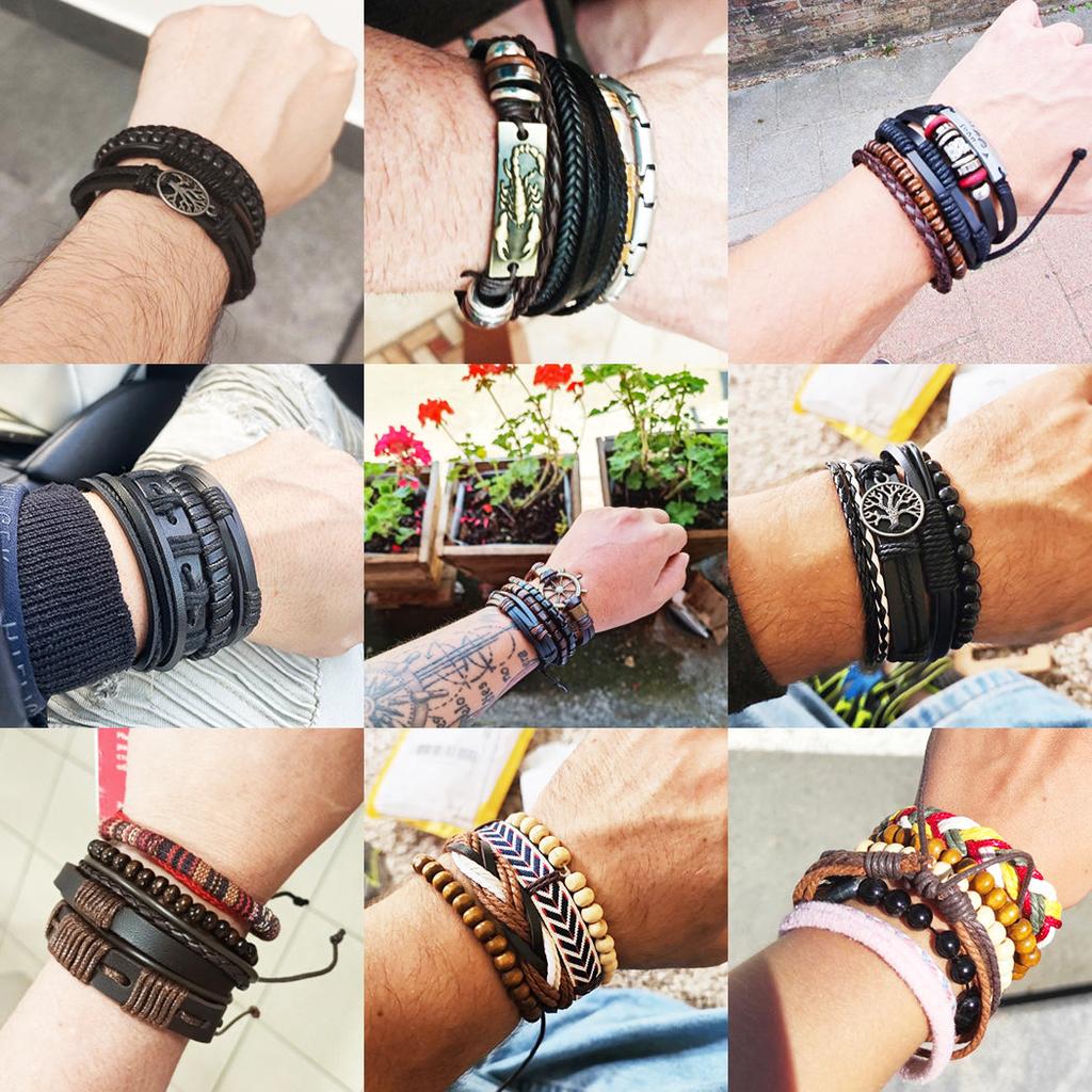 Men's 4-Piece Braided Leather & Beaded Bracelet Set by HitMyNeed