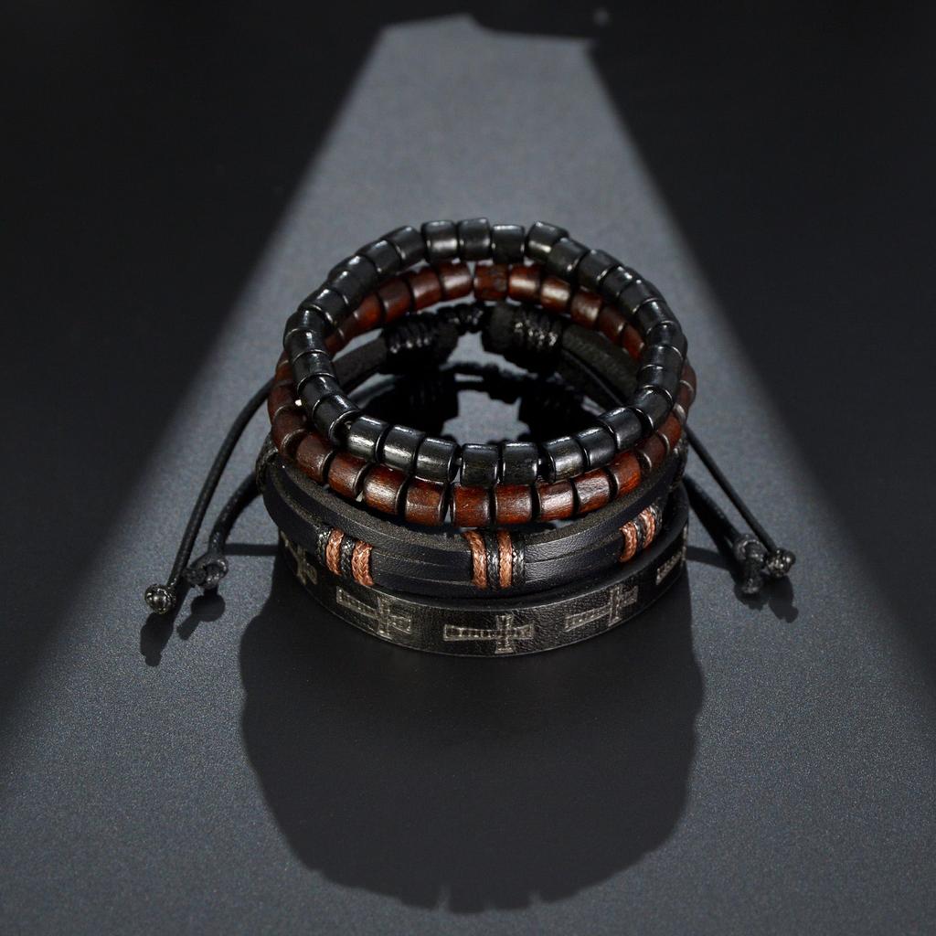 Men's 4-Piece Braided Leather & Beaded Bracelet Set by HitMyNeed