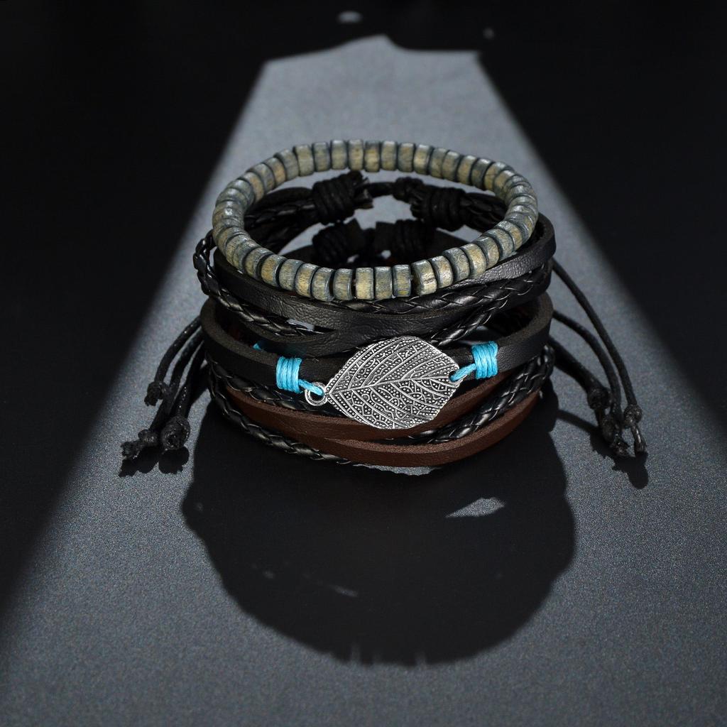 Men's 4-Piece Braided Leather & Beaded Bracelet Set by HitMyNeed