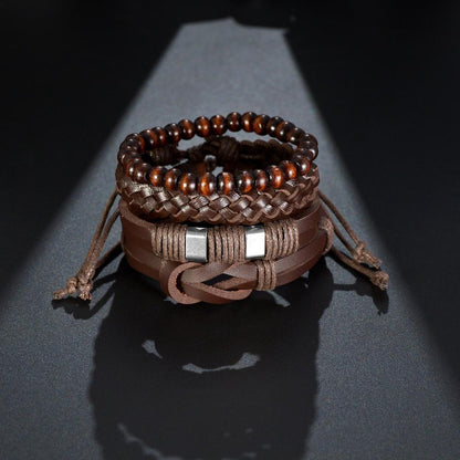 Men's 4-Piece Braided Leather & Beaded Bracelet Set by HitMyNeed