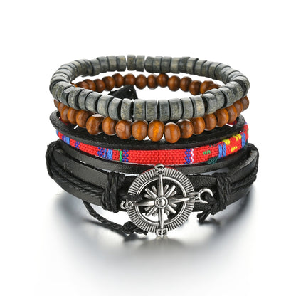 Men's 4-Piece Braided Leather & Beaded Bracelet Set b01 by HitMyNeed