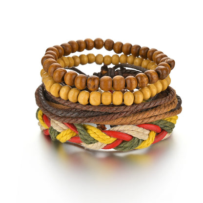 Men's 4-Piece Braided Leather & Beaded Bracelet Set b02 by HitMyNeed