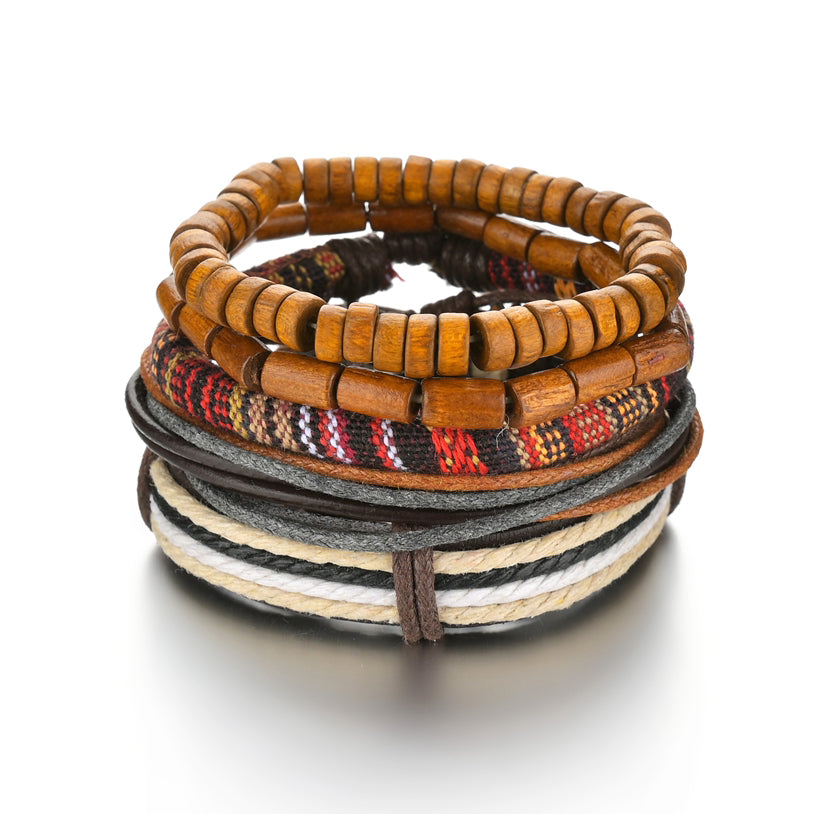 Men's 4-Piece Braided Leather & Beaded Bracelet Set b03 by HitMyNeed