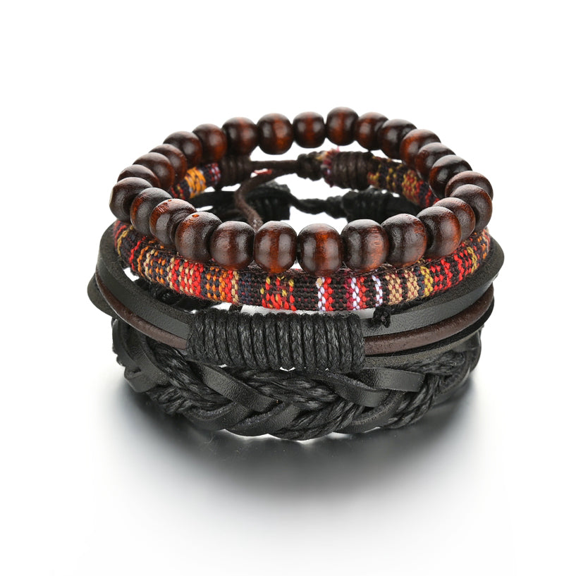 Men's 4-Piece Braided Leather & Beaded Bracelet Set b04 by HitMyNeed