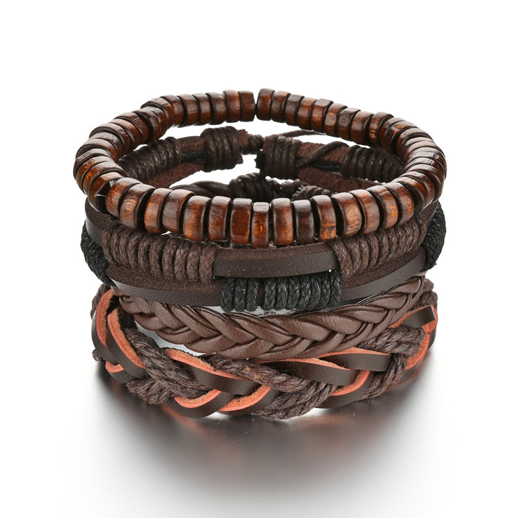 Men's 4-Piece Braided Leather & Beaded Bracelet Set b06 by HitMyNeed