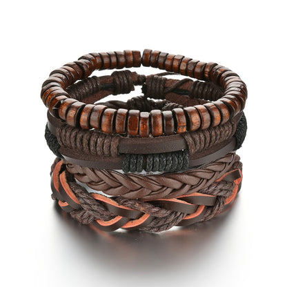 Men's 4-Piece Braided Leather & Beaded Bracelet Set b06 by HitMyNeed