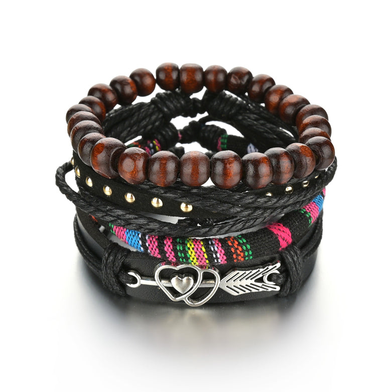 Men's 4-Piece Braided Leather & Beaded Bracelet Set b07 by HitMyNeed
