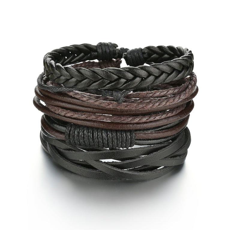 Men's 4-Piece Braided Leather & Beaded Bracelet Set b08 by HitMyNeed
