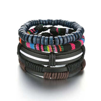 Men's 4-Piece Braided Leather & Beaded Bracelet Set b09 by HitMyNeed