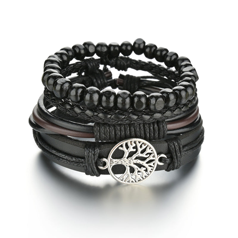 Men's 4-Piece Braided Leather & Beaded Bracelet Set b10 by HitMyNeed
