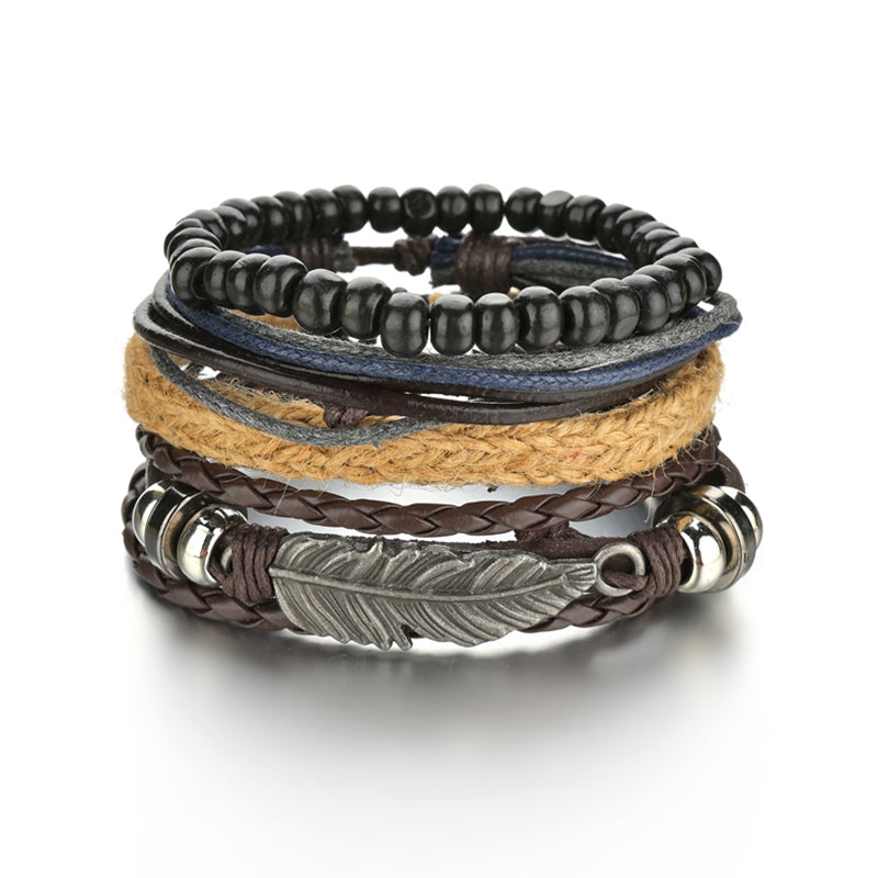 Men's 4-Piece Braided Leather & Beaded Bracelet Set b11 by HitMyNeed