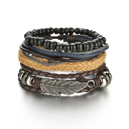 Men's 4-Piece Braided Leather & Beaded Bracelet Set b11 by HitMyNeed