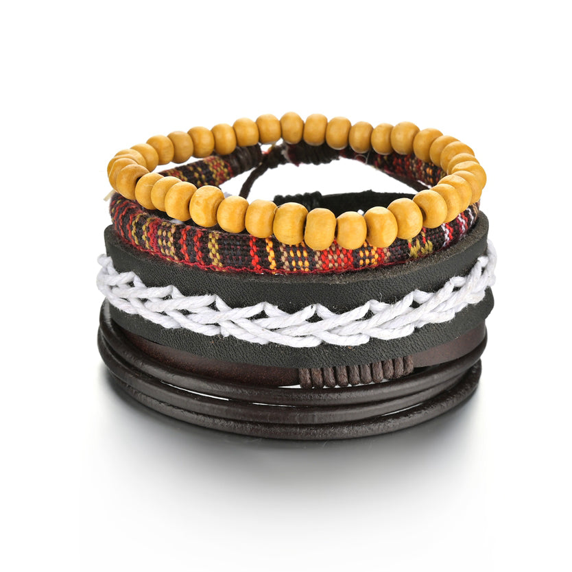 Men's 4-Piece Braided Leather & Beaded Bracelet Set b12 by HitMyNeed