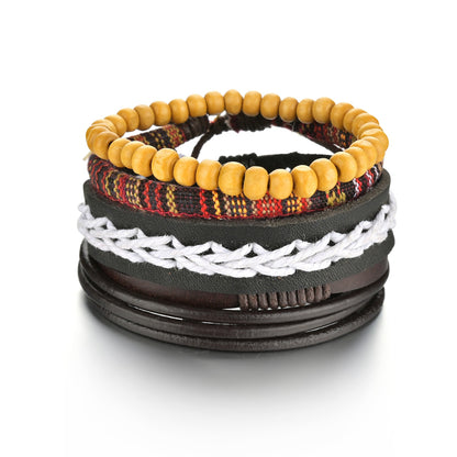 Men's 4-Piece Braided Leather & Beaded Bracelet Set b12 by HitMyNeed