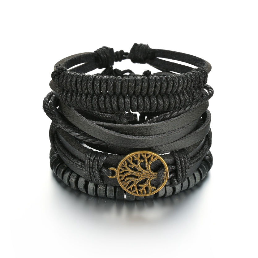 Men's 4-Piece Braided Leather & Beaded Bracelet Set b13 by HitMyNeed