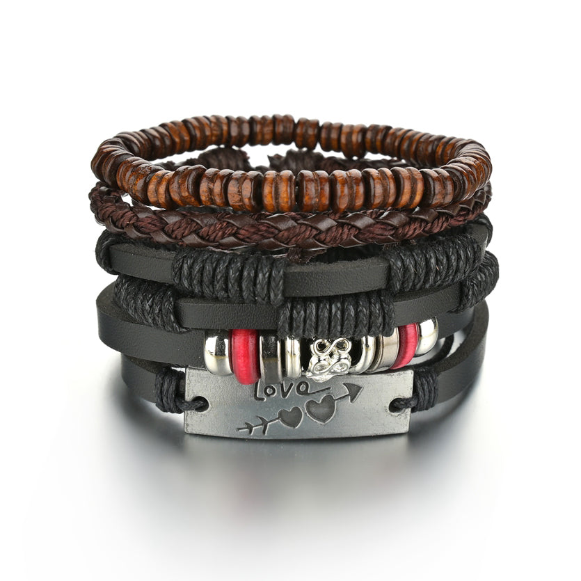 Men's 4-Piece Braided Leather & Beaded Bracelet Set b14 by HitMyNeed