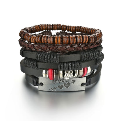 Men's 4-Piece Braided Leather & Beaded Bracelet Set b14 by HitMyNeed