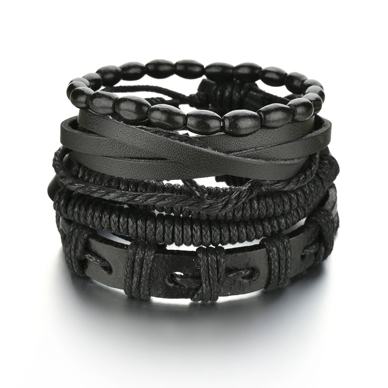 Men's 4-Piece Braided Leather & Beaded Bracelet Set b15 by HitMyNeed