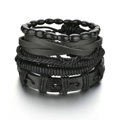 Men's 4-Piece Braided Leather & Beaded Bracelet Set b15 by HitMyNeed