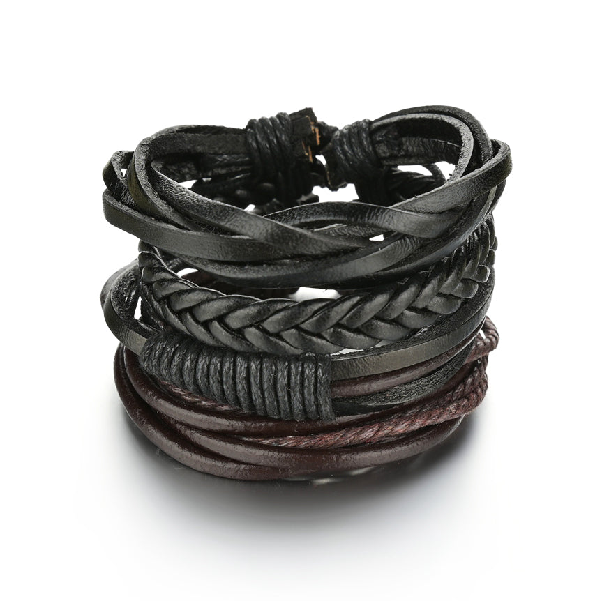 Men's 4-Piece Braided Leather & Beaded Bracelet Set b17 by HitMyNeed