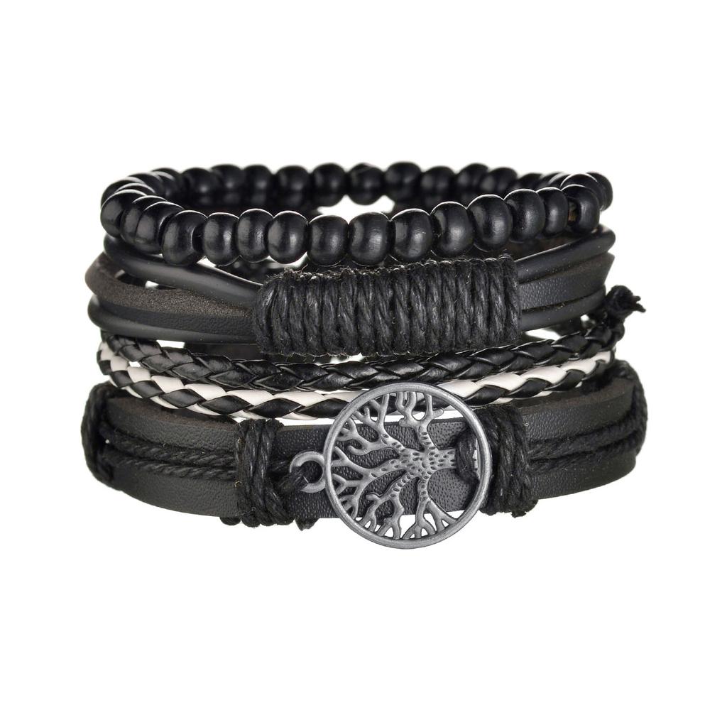 Men's 4-Piece Braided Leather & Beaded Bracelet Set b19 by HitMyNeed