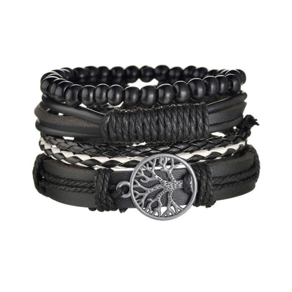 Men's 4-Piece Braided Leather & Beaded Bracelet Set b19 by HitMyNeed