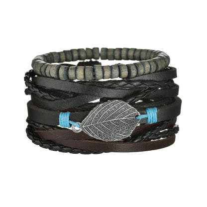 Men's 4-Piece Braided Leather & Beaded Bracelet Set b20 by HitMyNeed