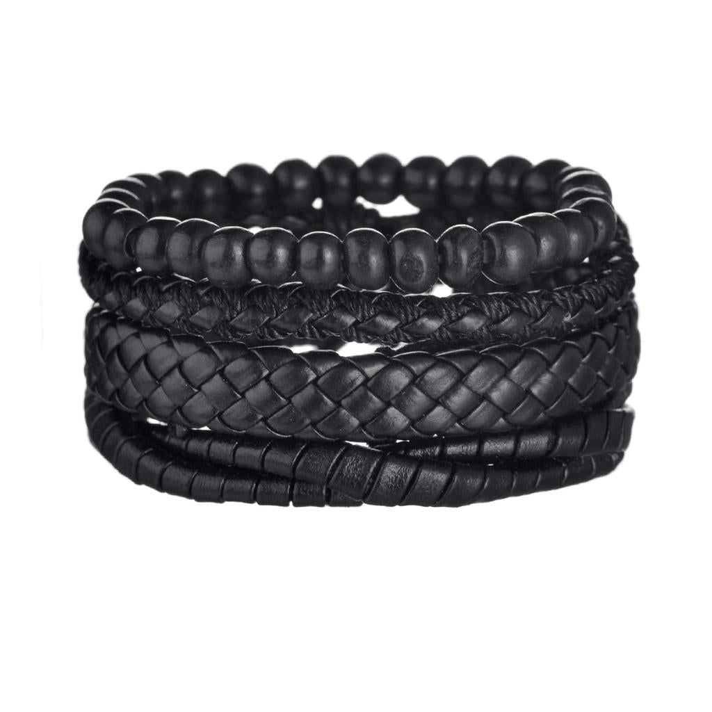 Men's 4-Piece Braided Leather & Beaded Bracelet Set b23 by HitMyNeed