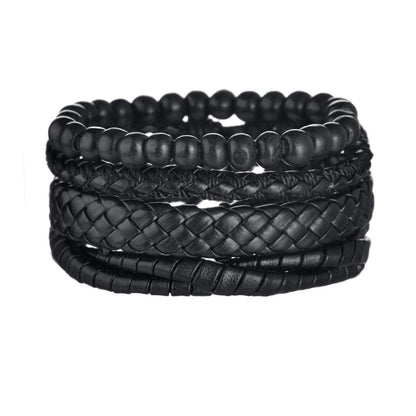 Men's 4-Piece Braided Leather & Beaded Bracelet Set b23 by HitMyNeed