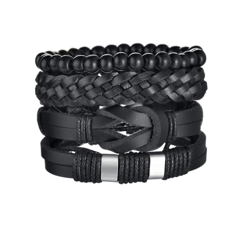 Men's 4-Piece Braided Leather & Beaded Bracelet Set b27 by HitMyNeed