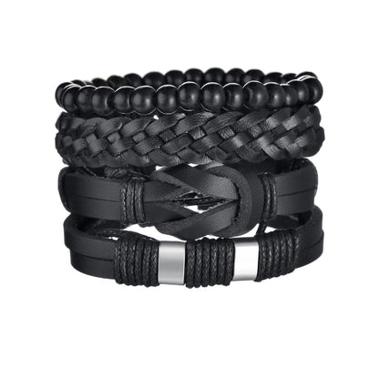 Men's 4-Piece Braided Leather & Beaded Bracelet Set b27 by HitMyNeed