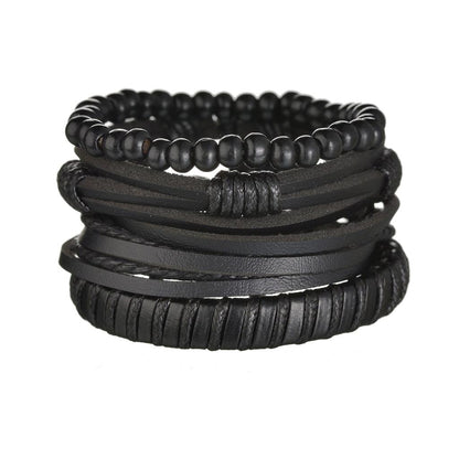 Men's 4-Piece Braided Leather & Beaded Bracelet Set b28 by HitMyNeed