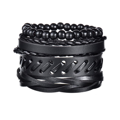 Men's 4-Piece Braided Leather & Beaded Bracelet Set b31 by HitMyNeed
